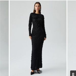 Bodycon Pleated Mesh Long Sleeve Crew Neck Long Dress